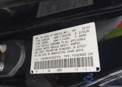 2007 Acura Tl 3.2 from USA, damaged, VIN 19UUA66227A027331